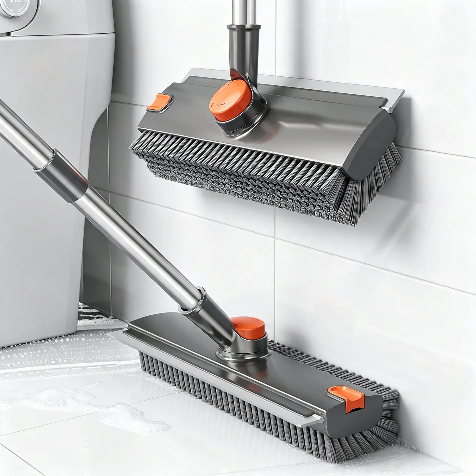 Multifunctional Floor Scrub Brush with Adjustable Stainless Steel Extendable Pole, Rotating Bristles, Flexible Silicone Wipe Scraper, for Tile Cleanup, Concrete Floors, Grey-Orange Garage Broom, House Cleaning Tool