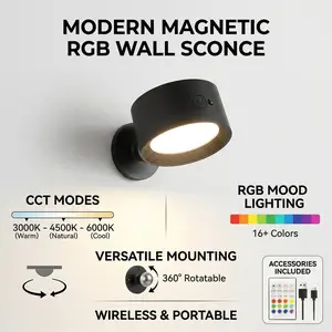 RGB LED Wall Light 1 Pack 2 Pack Touch & Remote Control 14 Colors 3000K-6000K CCT Dimmable Rechargeable Wireless Sconce 360° Rotatable Magnetic No Drilling Lamp for Bedroom Living Room Kids Room Decor