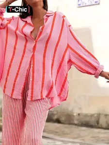 Women's Casual Loose-Fit Striped Shirt and Pants Set, Stretchy Outfit Sets, Drop Shoulder Design, Long Sleeve Button Front Top, All Seasons Wear