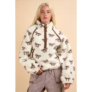 Bow Princess Cream Oversized Printed Fleece Henley Zip Up Top with Pockets