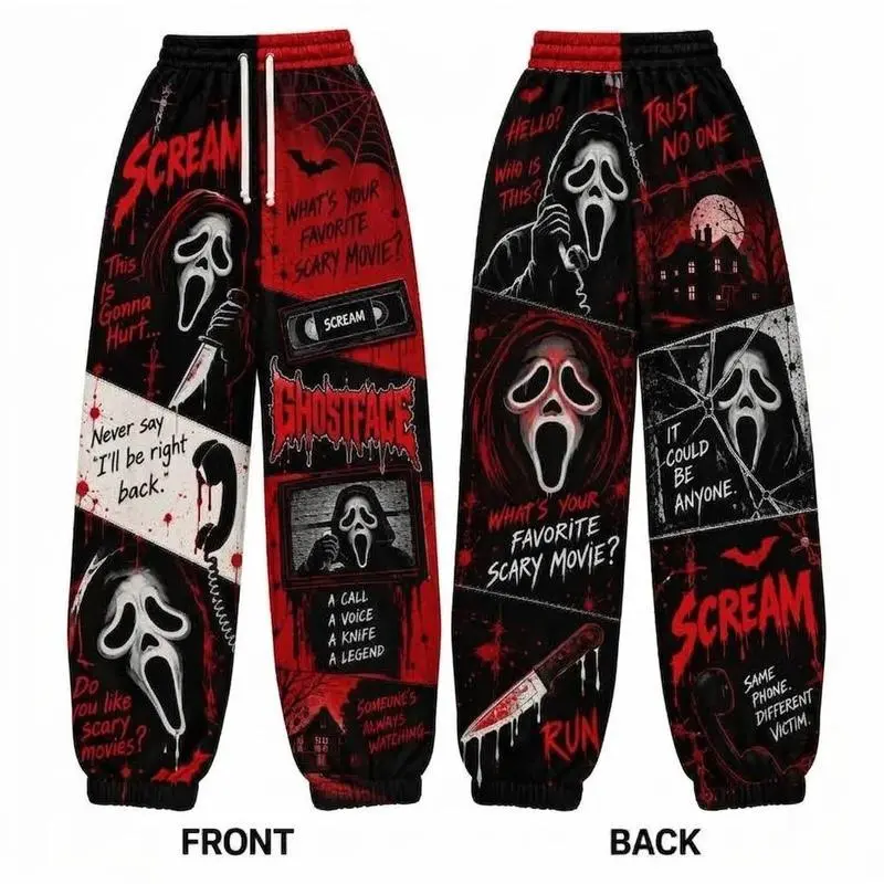 Retro Ghostface Horror Loose & Cuff Sweatpants, Scream Inspired Neon Graphic Wide Leg Pants, Halloween Slasher Movie Streetwear, Unisex Baggy Pants For Men, Women