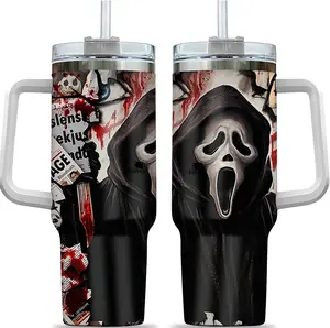 Halloween Ghostface Scream 40oz Tumbler - Christmas and Halloween Horror Movie Characters Gifts for Friends, Women and Men, Stainless Steel Tumbler with Handle, Lid, and Straw, Nightmare Cup, Horror Movie Gifts