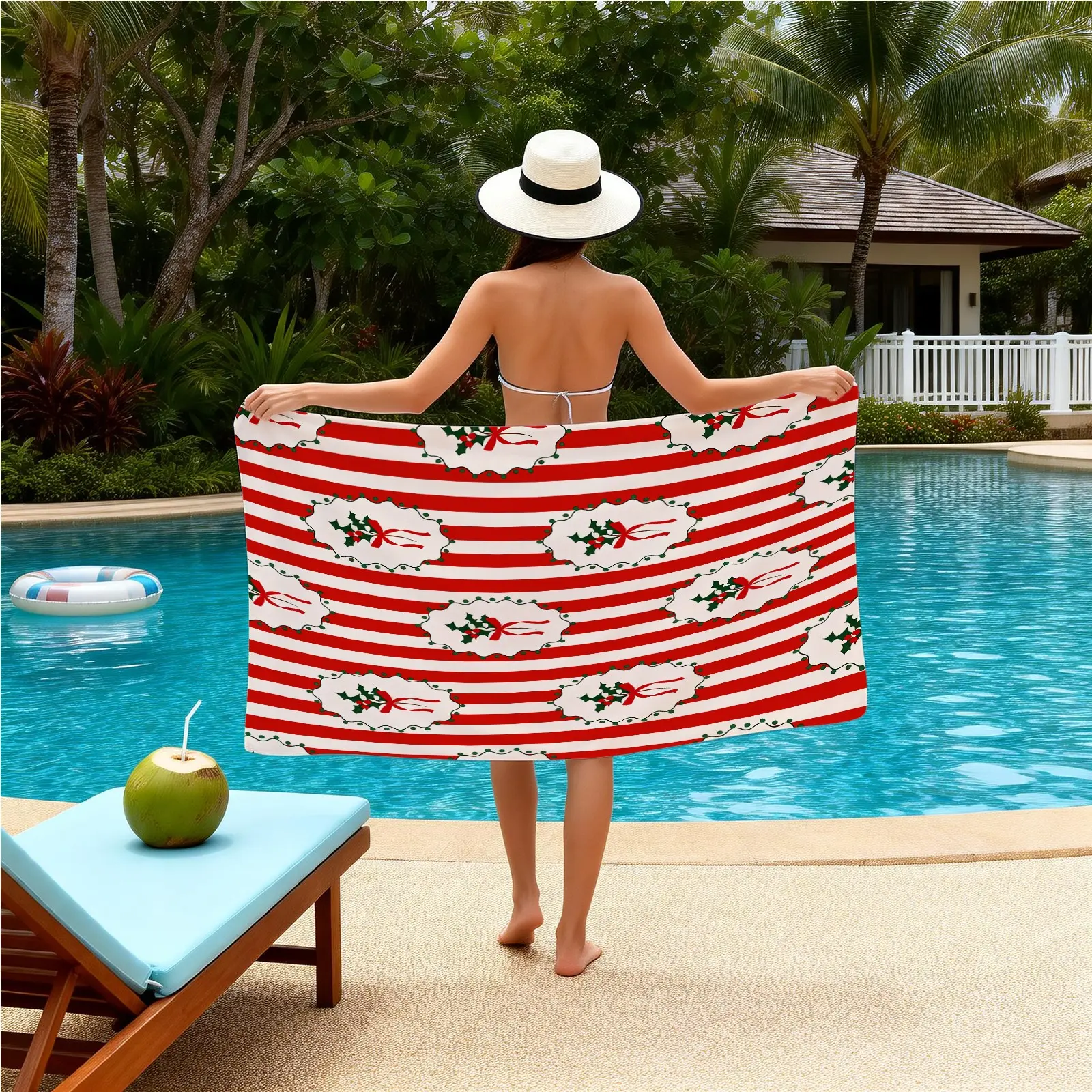 1Pcs Christmas Printed Beach Towel, Quick Dry & Sand Free, High Absorbent & Breathable, Soft and Durable, Lightweight & Easy to Fold, Suitable for Travel, Vacation and Home Use, Unique Christmas Holiday Gift