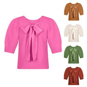 Tanming Women's Fashion Bow Knit Sweater Casual Puff Short Sleeve Crew Neck Tie Back Knit Pullover Tops