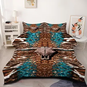 Cow Skull Turquoise 2/3pcs Comforter Set,Mysterious Bedding Set Featuring Cow Skulls,Turquoise Accents,Animal Fur Patterns Bedding Set,Soft Comfort,Brings Western Wildness Bohemian Charm Bedroom,Adding Charm Fun Home Space!1 or 2 PillowcaseNo Pillow Core.