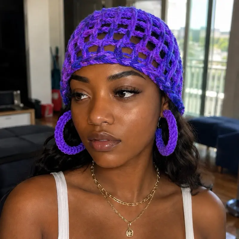 Handmade Crochet Beanie & Matching Earrings Set - Fabric Construction, Casual Stylish Fashion Accessory, No Restocks