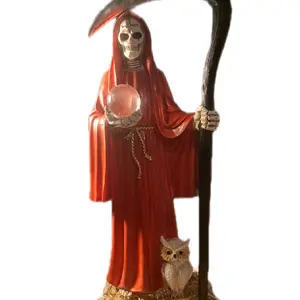18 inch Santa Muerte Statue  with Skull Owl Unique Decorative Piece for Home Office Spooky Red Color Religious Symbolism Ornament