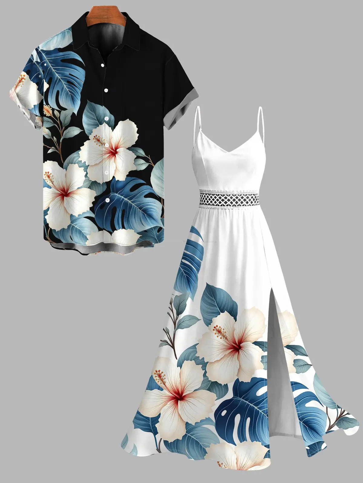 Two-tone Vacation Couple Outfit Hibiscus Floral Leaf Print Slit Lace Hollow Out Dress and Shirt Set Two-tone Vacation Couple Outfit Hibiscus Floral Leaf Print Slit Lace Hollow Out Dress and Shirt Set