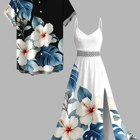 Two-tone Vacation Couple Outfit Hibiscus Floral Leaf Print Slit Lace Hollow Out Dress and Shirt Set