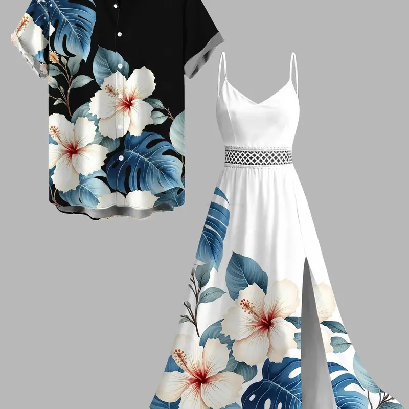 Two-tone Vacation Couple Outfit Hibiscus Floral Leaf Print Slit Lace Hollow Out Dress and Shirt Set