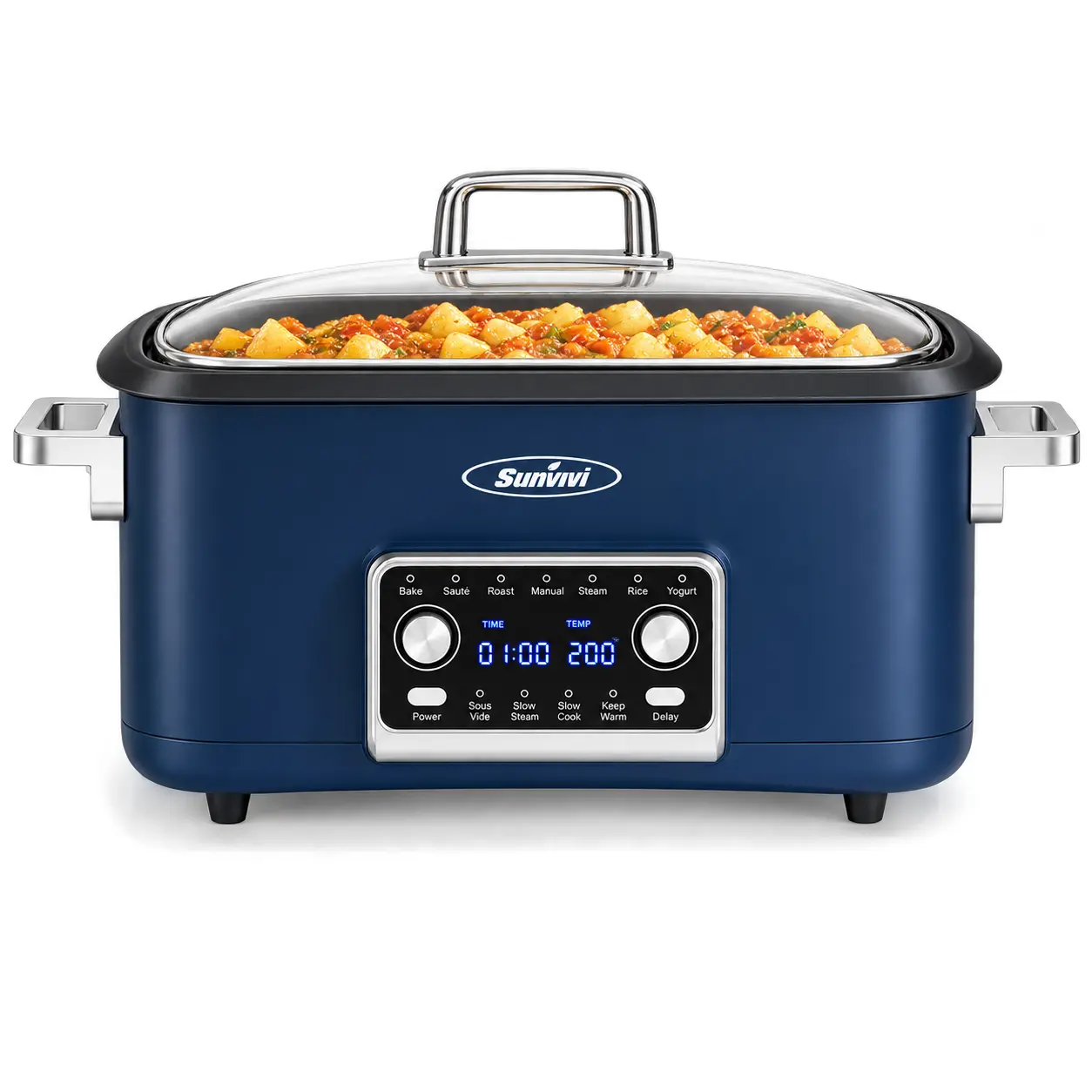 Sunvivi 8 Qt Corded Stainless Steel Family Multi-Function Appliance - 12-in-1 Programmable Slow Cooker Roaster Oven, Rice Cooker, Digital Timer, Temp Control, Removable Cast Aluminum Pot, Dishwasher-Safe Tempered Glass Lid, Blue Home Essential