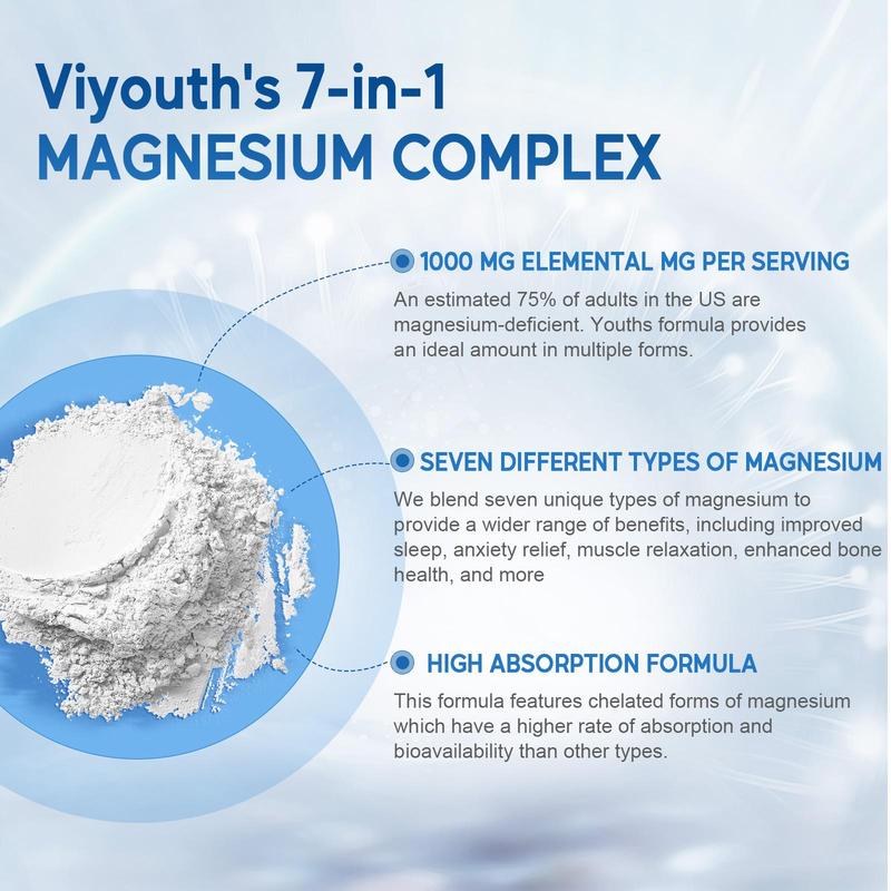 Viyouth 3-Bottle Pack 1000mg 7-Type Magnesium Complex with Zinc – Daily Nutrient Support for Relaxation, Restful Nights, Muscle & Nerve Function, Energy & Mood Well-Being, Digestive Comfort, Overall Wellness –  3rd Party Tested