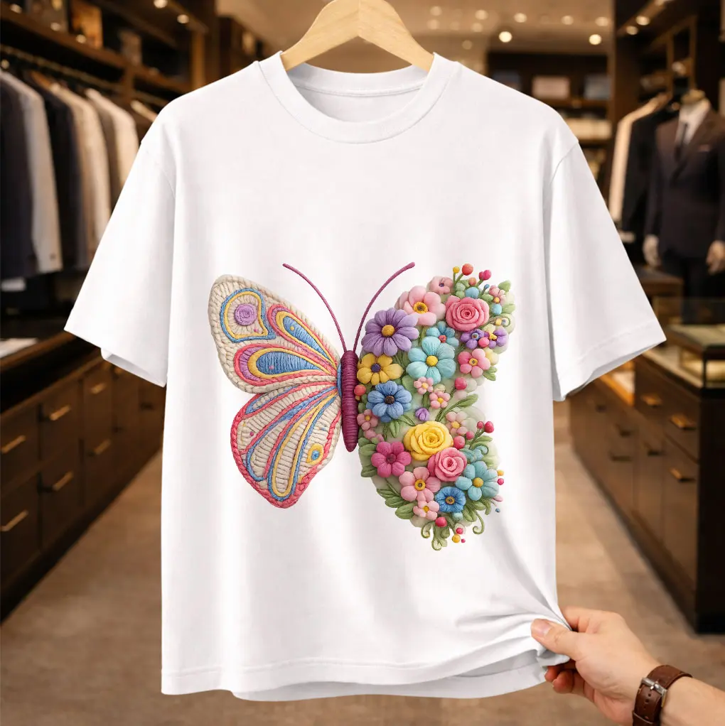 Men's/Women's Cotton Graphic Tee Tops - Casual Fit, Playful Butterfly Charm, Floral Print, Faux Embroidery Style, Unisex Short-Sleeve Women's T Shirts