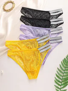 Men's Lace Thong Panties Set of 6, Semi-Transparent Seamless Design, Sexy Silver Color Waistband, Comfortable Men's Underwear, Sheer, Slim Fit, Breathable Undergarments, All Season Underwear