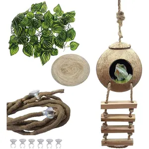 Crested Gecko Coco Hut with Ladder  Lizard Coconut Shell Hideout  Mini Condo for Reptiles Durable Cave Habitat with  Loop Coconut Texture Provide  for Pets