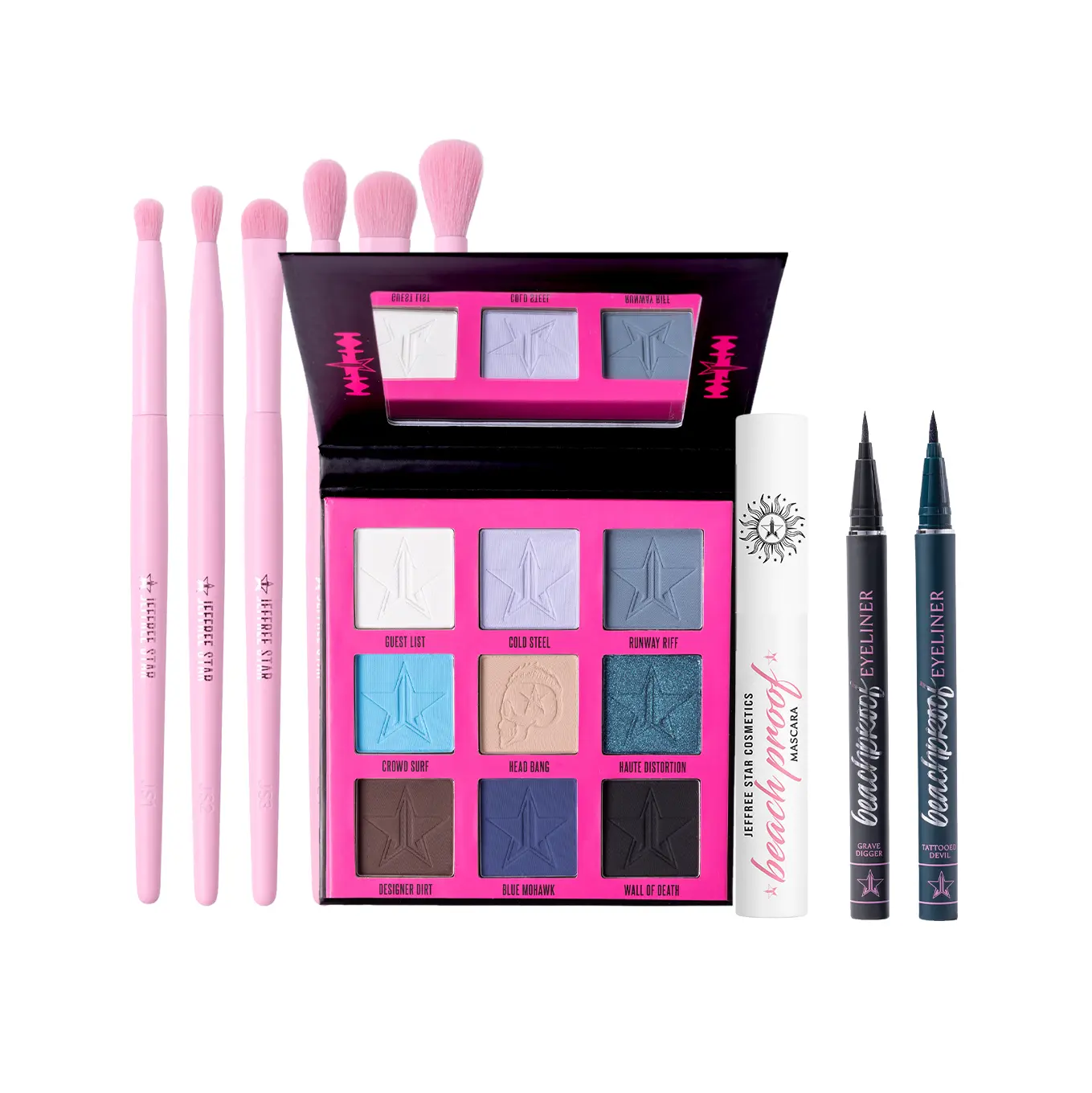 Heavy Metal Couture Artistry Bundle - 6PC Eye Brush Set, Heavy Metal Couture 9-Pan Palette, BeachProof Eyeliner 'Tattooed Devil' & 'Grave Digger', BeachProof Mascara 'Black' Heavy Metal Couture Artistry Bundle - 6PC Eye Brush Set, Heavy Metal Couture 9-Pan Palette, BeachProof Eyeliner 'Tattooed Devil' & 'Grave Digger', BeachProof Mascara 'Black'