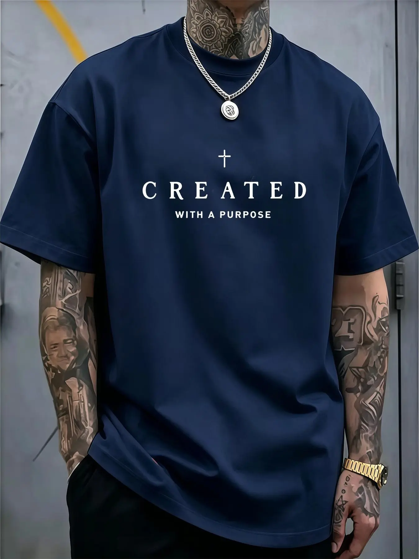 Men's 100% Cotton Crew Neck Short Sleeve Graphic T-Shirt - Male Religious Inspirational "Created With A Purpose" Cross Print Tee, Breathable Loose Casual Faith Top, Daily Gift, Graphic T Shirts, Men's T Shirts