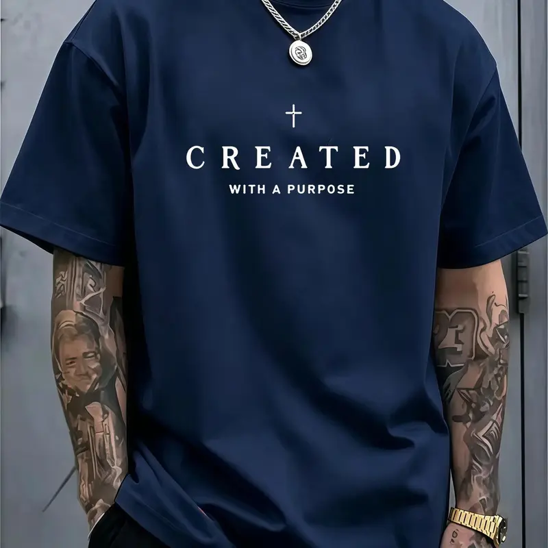Men's 100% Cotton Crew Neck Short-Sleeve Minimalist Loose Graphic T-Shirt - Smooth, Breathable, Relaxed Fit Faith Top with "Created With A Purpose" Cross Print