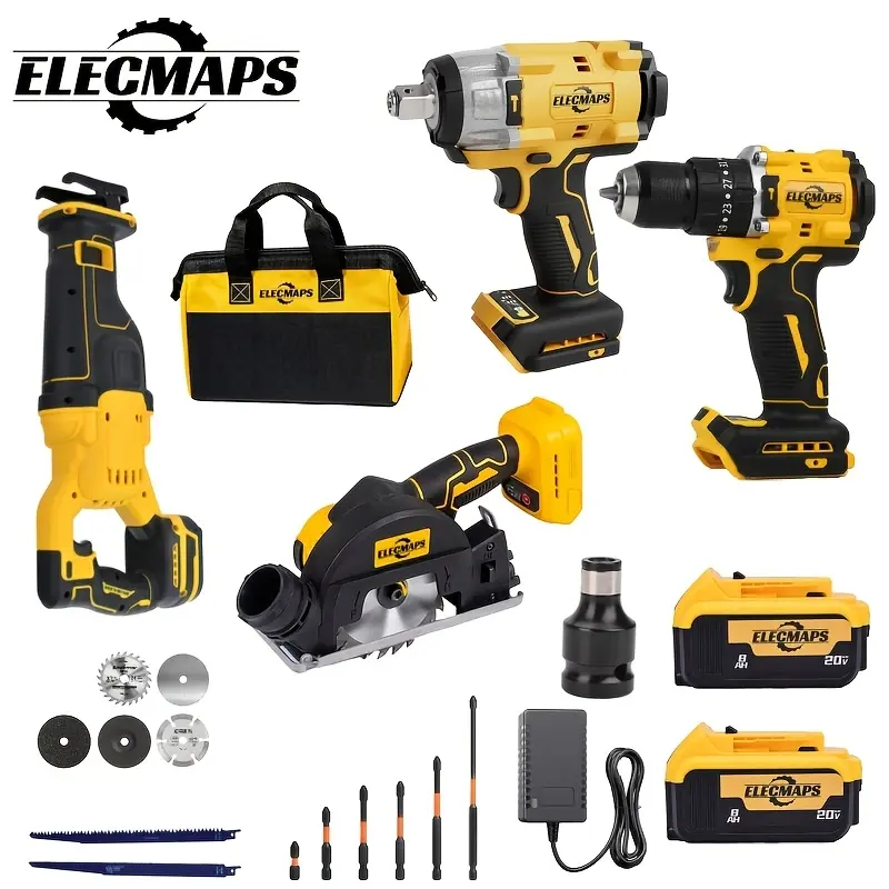 ELECMAPS Cordless Brushless 4-Piece Power Tool Set with 2 Lithium Ion Batteries, Brushless Motor Drills, Handheld Rotary Drills for Home Drilling, Woodworking Tasks, Ideal Gift for Men, Cordless Brushless Tools, Lithium Ion Drills