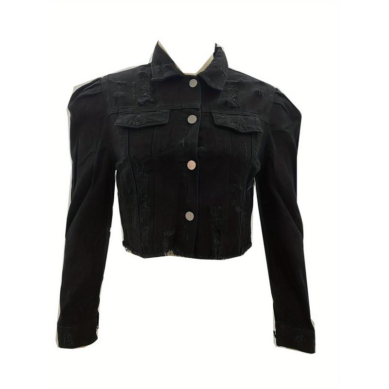 Women's Distressed Denim Jacket - Casual Black Cropped Jean Coat with Raw Hem & Puff Sleeves, Button- Style for Spring/Fall Women's Distressed Denim Jacket - Casual Black Cropped Jean Coat with Raw Hem & Puff Sleeves, Button- Style for Spring/Fall