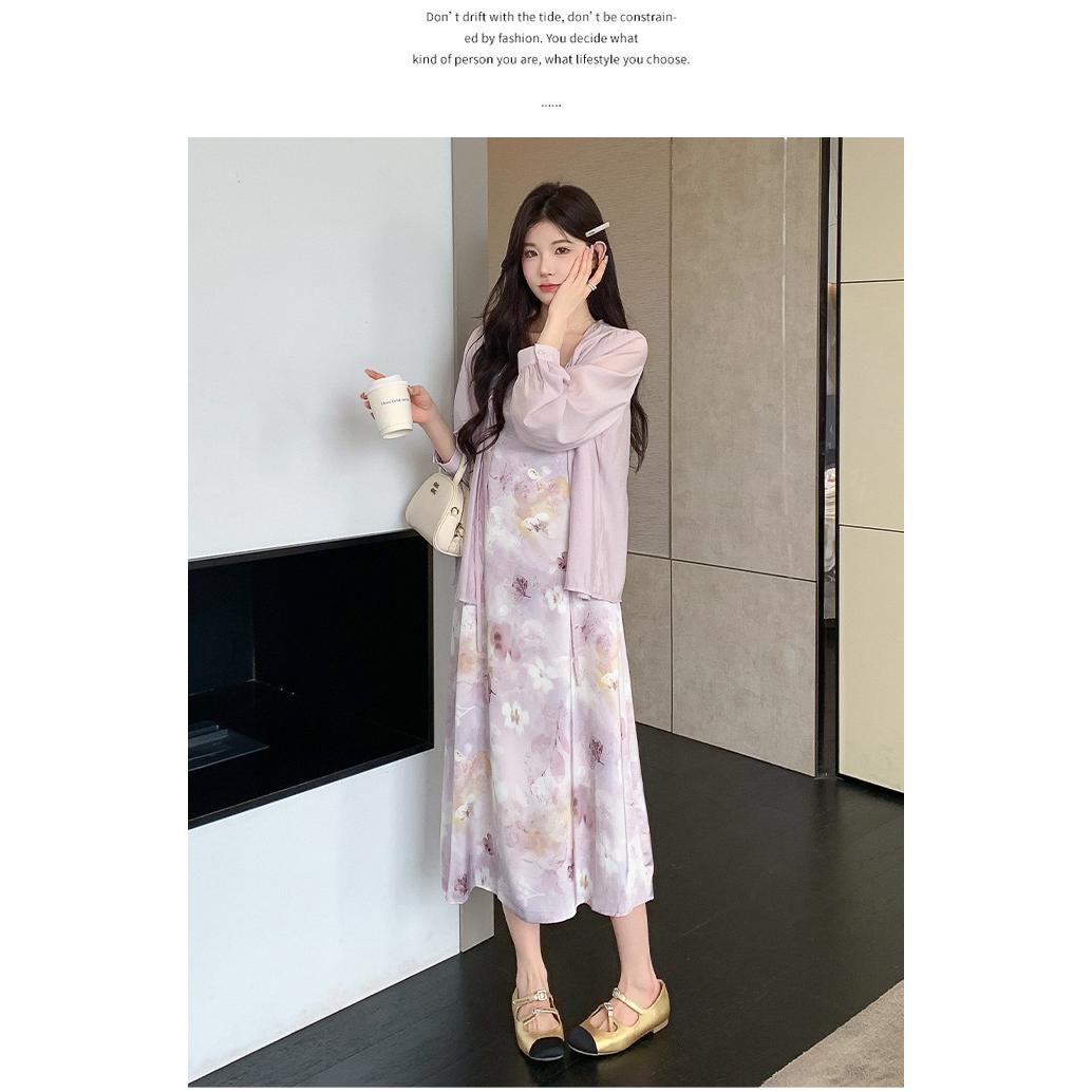 Sweet And Gentle Style Purple Printed Slip Dress Shirt And Cardigan Two-Piece Set