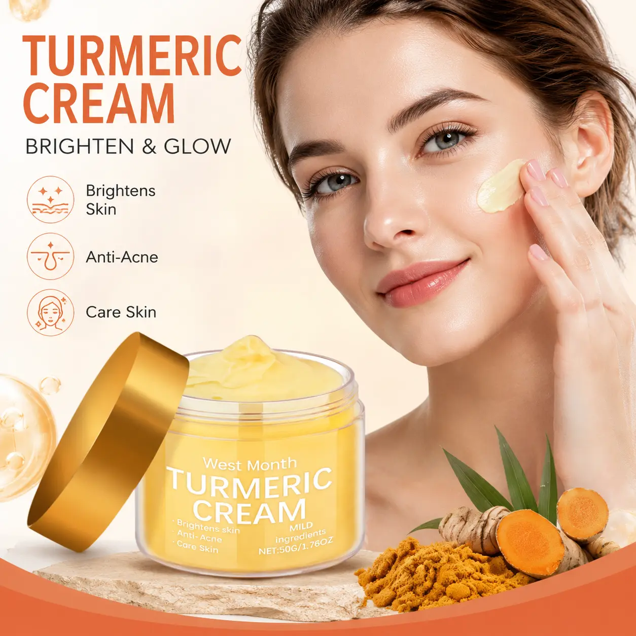 Turmeric Face Cream, Moisturizing Face Cream, Hydrating Nourishing Glow Face Cream, Face Lotion for Women and Men, Hydrating Serum for Face, Daily Skin Care Product, Face Moisturizer, Smooth, Hydrate Face Care Products