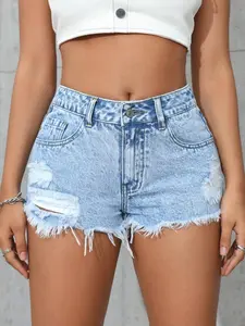 VYNCE Women's Casual Denim Shorts With Ripped Design Frayed Hem And Pockets Y2k - Pantalones Cortos de Mezclilla Casuales con Flecos y Bolsillos Estilo Y2k