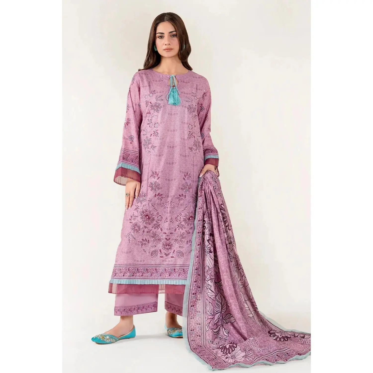 Lady's 3PC Embroidered Lawn Suit with Printed Sleeves, Shirt, Elegance Design | KL-4075, Trouser, Clothes