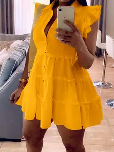 Women's Plain Layered Sleeve Button Front Frill Trim Short Dress, Casual Short Sleeve Collared Smock Dress For Summer, Women's Clothing For Daily Wear