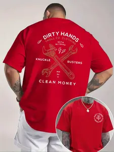 Dirty Hands Clean Money Tradesman Theme Graphic T-Shirt Black Front Circular Logo Print + Back TROLL CO. CLOTHING/Wrench/Lightning/KNUCKLE BUSTERS Text Oversize Fit Soft Cotton Blend Fabric Casual/Workwear/Streetwear Fashion Essential Unisex, Menswear