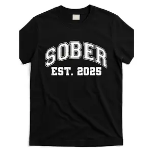 Men's & Women's Fun Sober 2025 Sobriety Anniversary T-Shirt - Soft Breathable Recovery Tee with White 'SOBER' & ' 2025' Print, Lightweight Short Sleeve Crew Neck, Machine Washable for AA Meetings & Milestone graphic tee