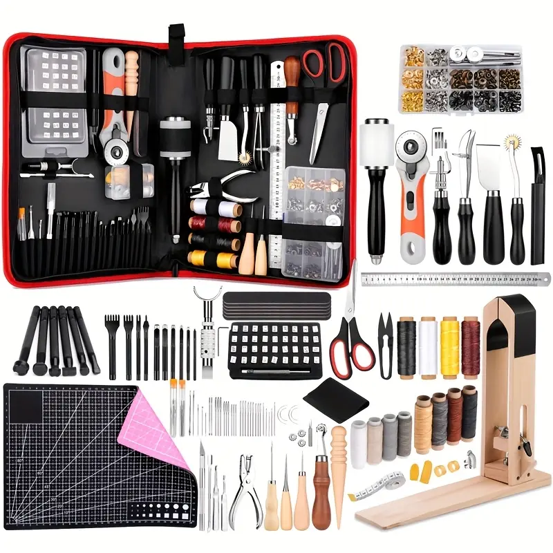 Professional Leather Tools Kit With Stamping Tools Adjustable Groover Waxed Thread And Leather Stitching Pony For Punching Sewing Carving DIY Handmade Craft Accessories Set leather craft tool