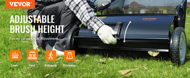 VEVOR Push Lawn Sweeper, TikTokShopBlackFriday, 26 Inch Leaf & Grass Collector, Strong Rubber Wheels & Heavy Duty Thickened Steel Durable to Use with Large Capacity 7 ft³ Mesh Collection Bag, 4 Spinning Brushes