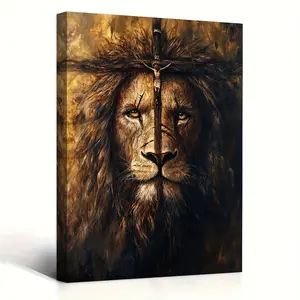 1pc, with Frame, 11.8x15.7 Inch, Only a Print, Lion Painting, Lion of Judah, The Holy Cross.Wall Art for Living Room, Bedroom, Home Office Decor., 2D Flat, Perfect for Room Decor