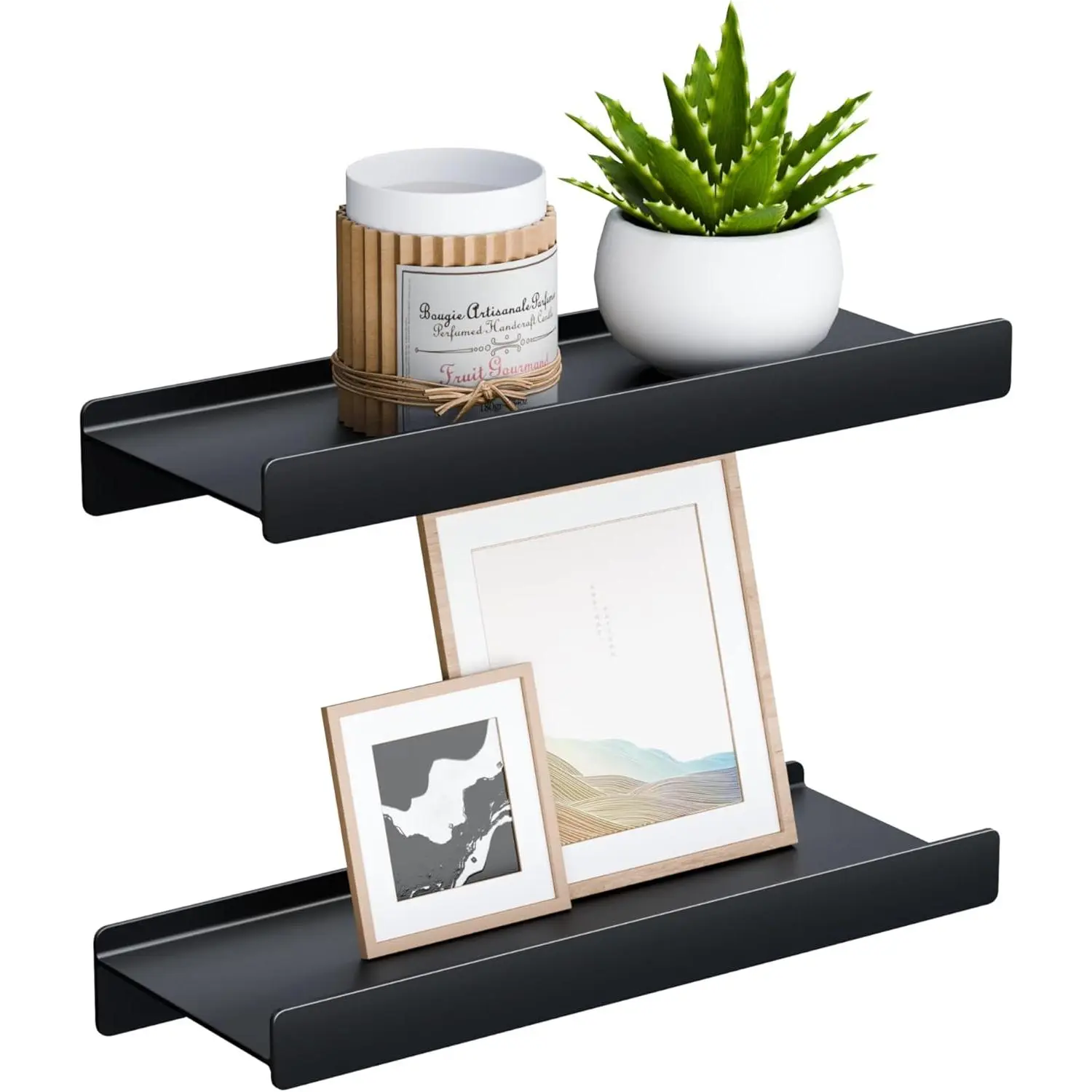 Floating Shelves for Wall, Wall Mounted Shelves with Lip for Storage, Metal Display Shelves for Home Decor, Kitchen/Living Room/Bedroom/Bathroom Shelf, Black 12 inch 2 Pack