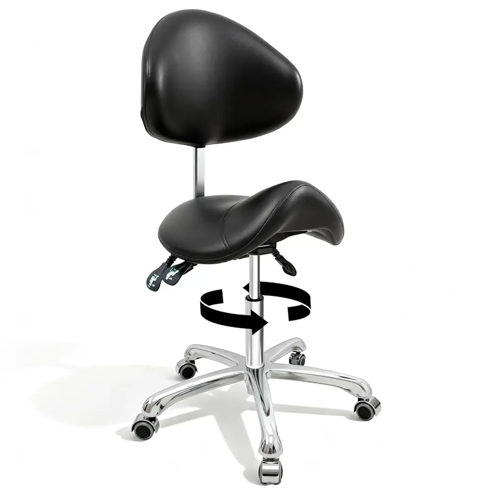 Ergonomic PU Leather Saddle Office Chair with Back Support, Wheels, Anti-Fatigue Design - 400lbs Capacity, Waterproof, Adjustable Commercial Furniture for Home Office, WFH Setup, Posture Fix (Glides Smoothly)