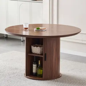 Round Storage Dining Table with 2-Tier Shelves – Space Saving Wooden Kitchen Table for Small Space, Dining Room Furniture，4 Seater Natural Brown mesa para comedor