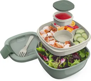 Salad Container - 54 oz Bowl with 4-Compartment Toppings Tray, Leak-Proof Dressing Container, Reusable Fork, Removable Bento Tray (Khaki Green)