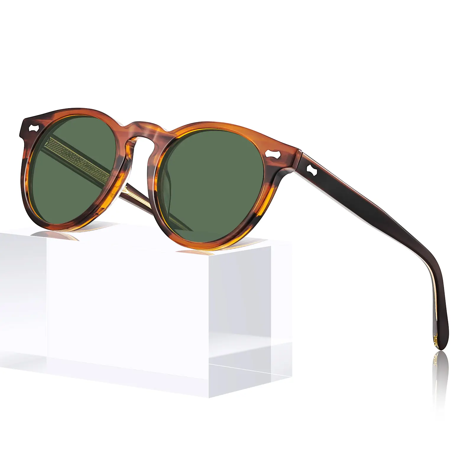 CARFIA Men's Retro Acetate Polarized Anti-Glare Sunglasses - UV400 Protection, Round HD Lenses, Gold Filigree Design, CA5506 for Driving, Anti Glare Men's Sunglasses