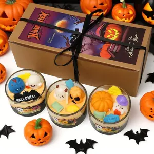 DKD  Halloween Candle Gift Box Set of 3 Scented Glass Candles with Cute Ghost & Pumpkin Designs Perfect for Spooky Fall Decor Long Lasting Aroma Great Holiday Gift Idea