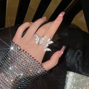Women's Luxury Silver Zircon Open Ring, Glitter Butterfly Sparkly Embellished Ring, Adjustable Exaggerated Personality Jewelry for Wedding, Party, Glitter Butterfly Rings, Sparkly Embellished Rings