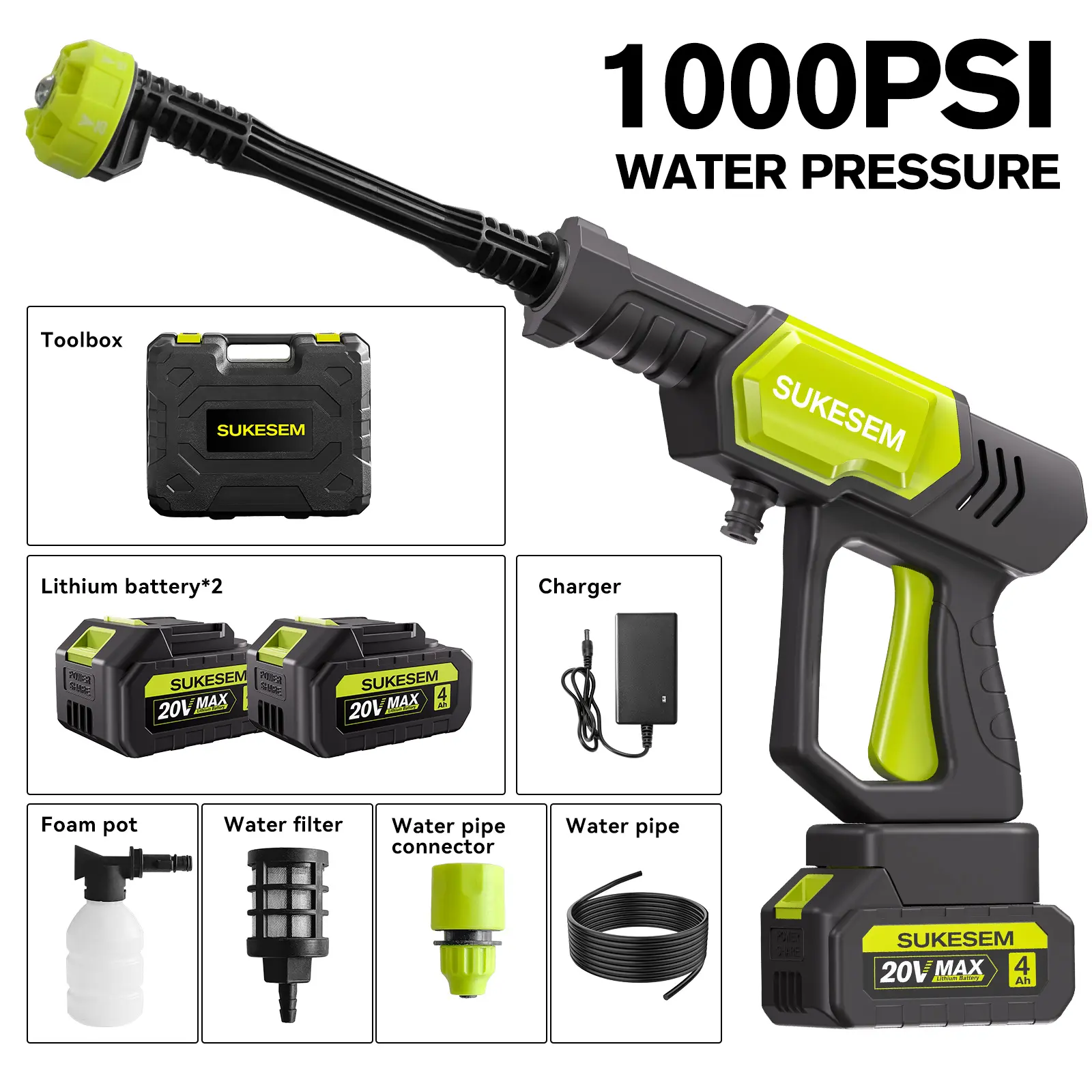 SUKESEM 20V Max Compact Rechargeable Pressure Washer, Handheld Electric Pressure Cleaning Machine with 6-Level Adjustment, 4.0Ah Battery & Charger for Car, Garden Surfaces Cleaning