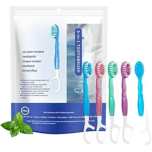 5 in 1 Mini Brushes-Disposable Toothbrushes with Toothpaste + Floss + Pick + Tongue Scraper | Travel Size | Individually Wrapped | Soft | Mint | Travel Set (Mint, 26 pcs)