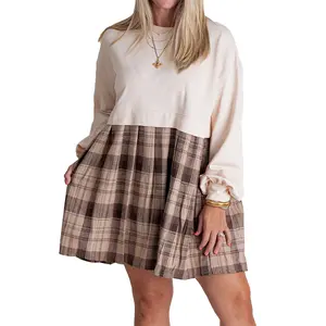 Women Autumn Short T-shirt Dress Long Sleeve Round Neck Plaid Print Patchwork Dress