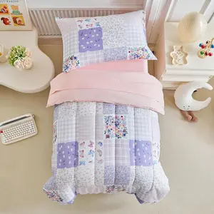 4 Piece Toddler Bedding Set- Pink n Purple Floral Butterflies Patchwork, Microfiber Toddler Bedding Comforter Set for Girls
