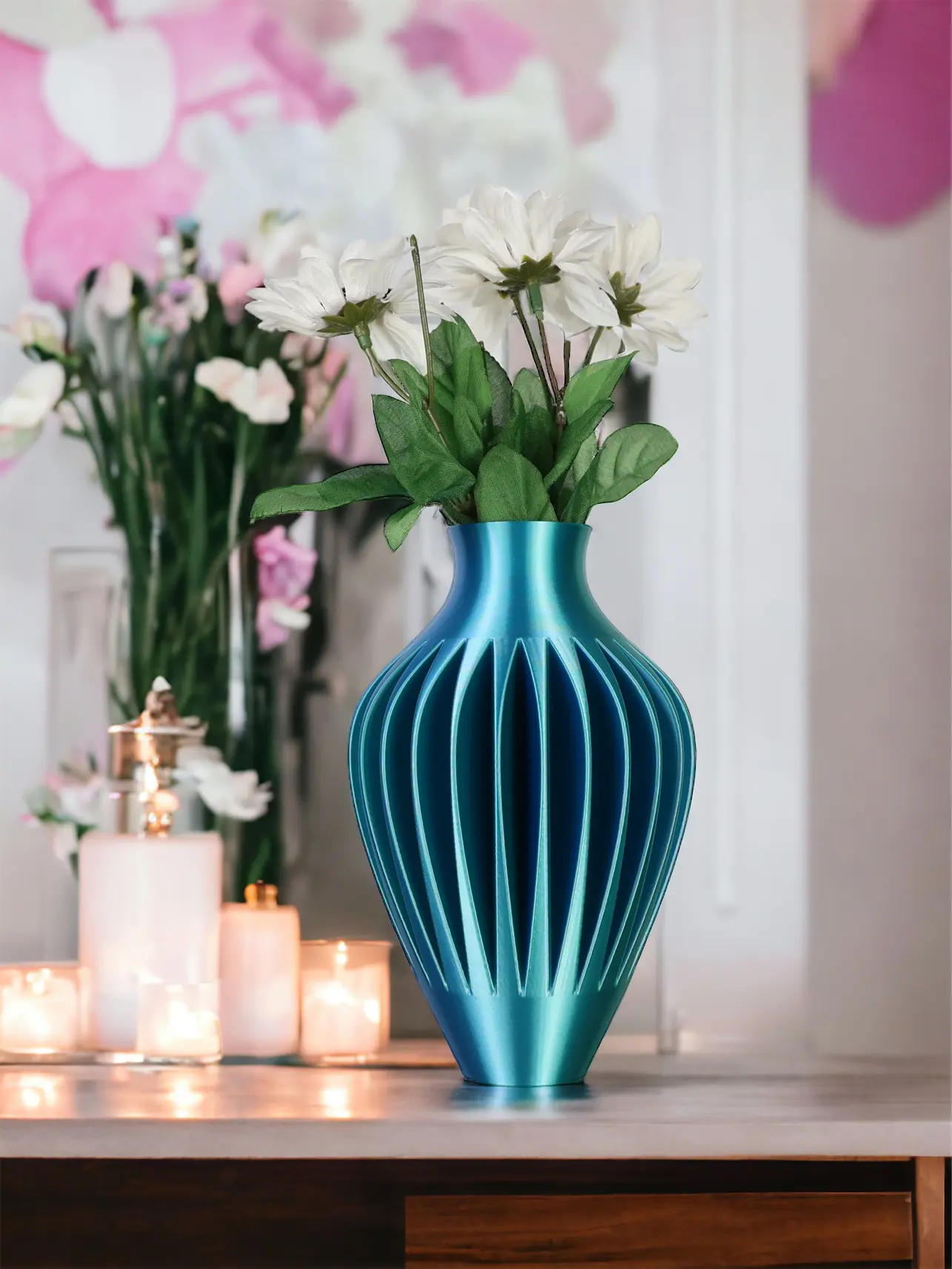 The Modern Wave Vase in Silk Blue Green - High-Quality PLA Material, Round Design, Modern Style Decor Set