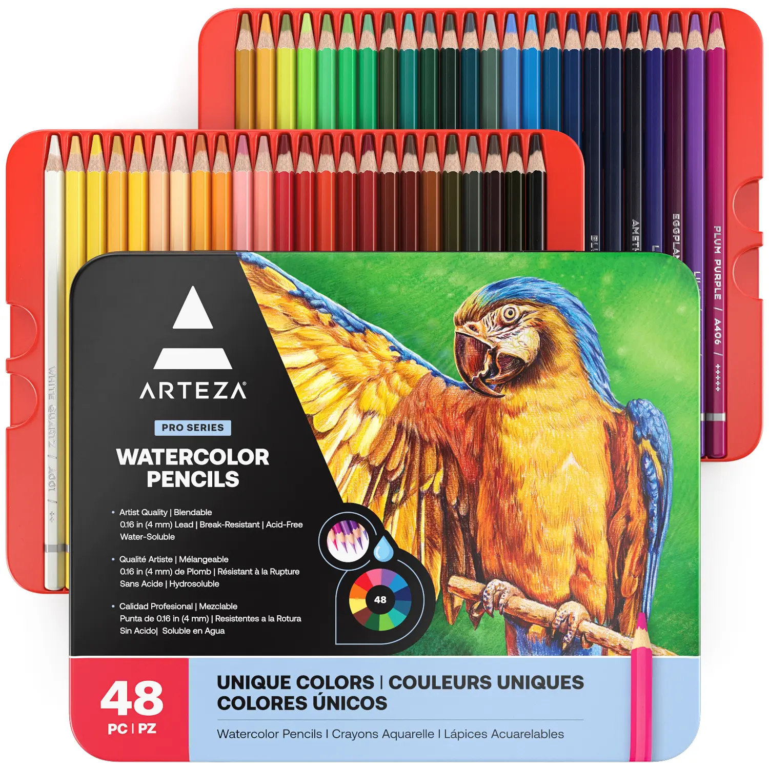 Arteza® Expert Watercolor Pencils Set, 48 pc - ARTZ-2846, Smooth Pigmented Bright Unique Shades, Creates Water-Color Effects, for DIY Projects, All-Level Artists, Safety Certified, Durable Storage Tin