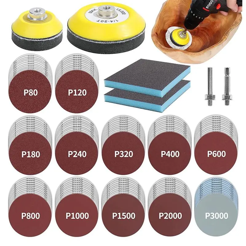 120pcs 3inch Sanding Discs with 2 & 3inch Backer Pads and Sanding Sponge Sander for Drill Grinder Rotary Tools Attachment with 1/4" Shanks, SandingPads 80-3000 Grit
