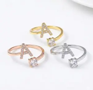 Adjustable 26 Initial Letter Ring for Women | Crystal Diamond Gold Silver Statement Ring | Personalized Alphabet Jewelry Gift