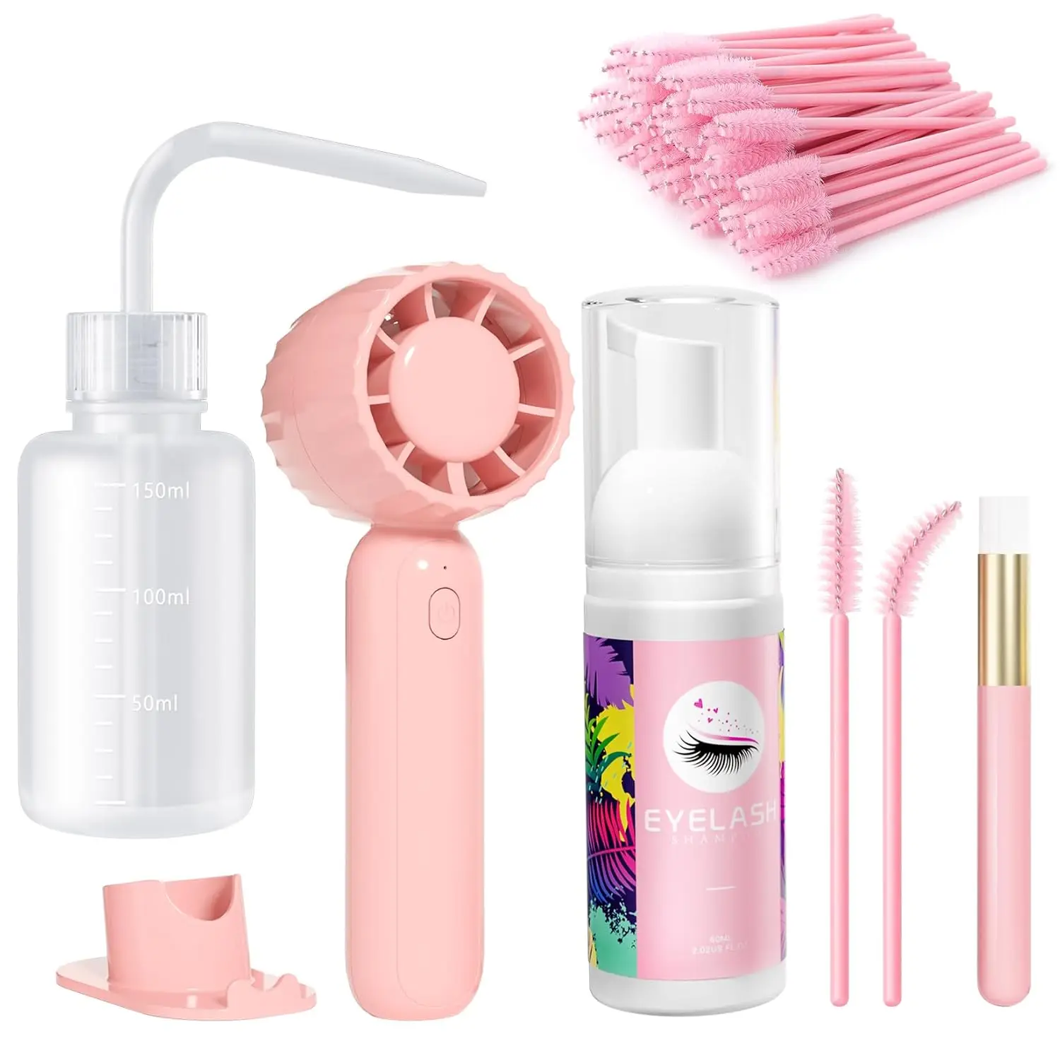 Buqikma Lash Cleaning Kit - Lash Shampoo Kit 60ML with Rechargeable Handheld Fan Dryer, Mascara Brush, Rinse Bottle, Makeup Cleansing Foam for Eyelash Extension Care, Pink